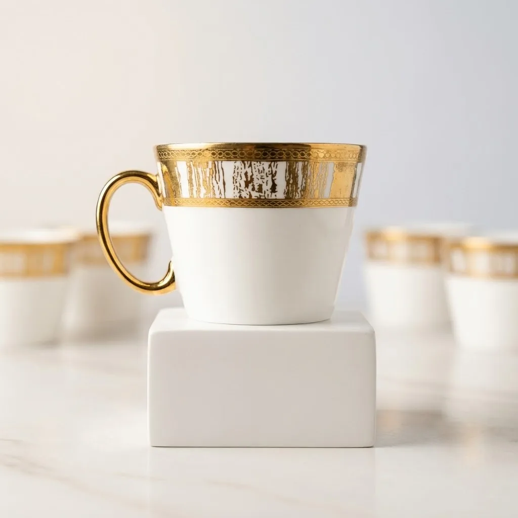 6 Piece Fine Bone China Tea Cup Set | Gold Filigree Mugs in Golden