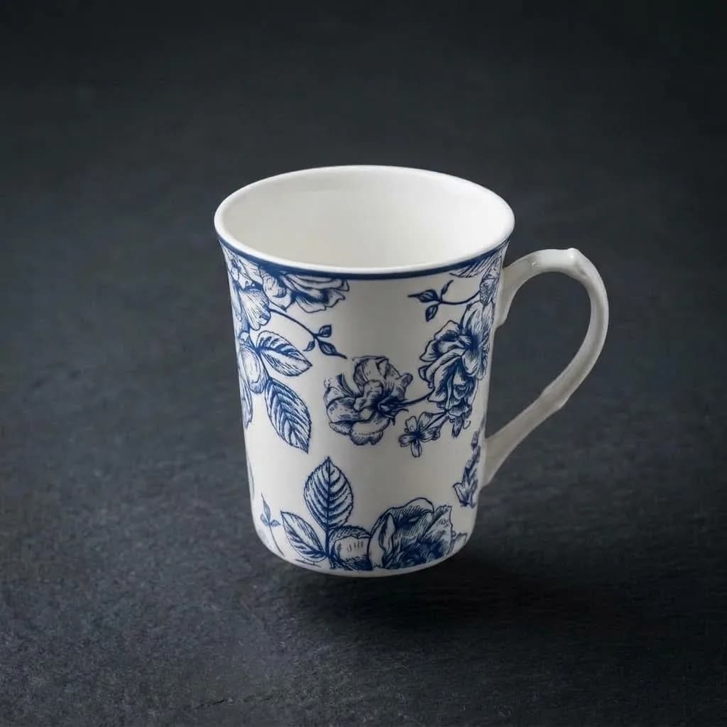 Vintage Blue Botanical Floral Ceramic Mug (Set of 6)– Fine Porcelain Coffee & Tea Cup with Delicate Rose Motif in Abyssal Blue