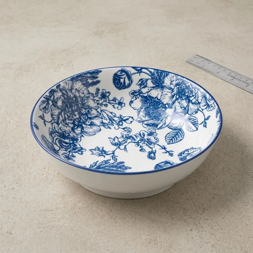 Classic Blue and White Floral Fine Porcelain Serving Bowl (9-Inch) | Microwave & Dishwasher Safe Premium Ceramic Dinnerware in 99 Years Blue