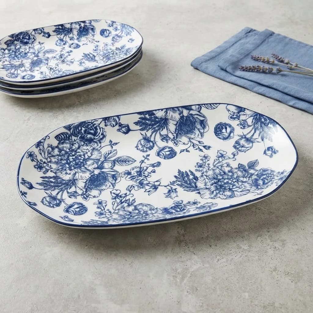 Blue and White Porcelain Oval Serving Platter – 12.5" Vintage Floral Serving Tray, Microwave & Dishwasher Safe in 99 Years Blue