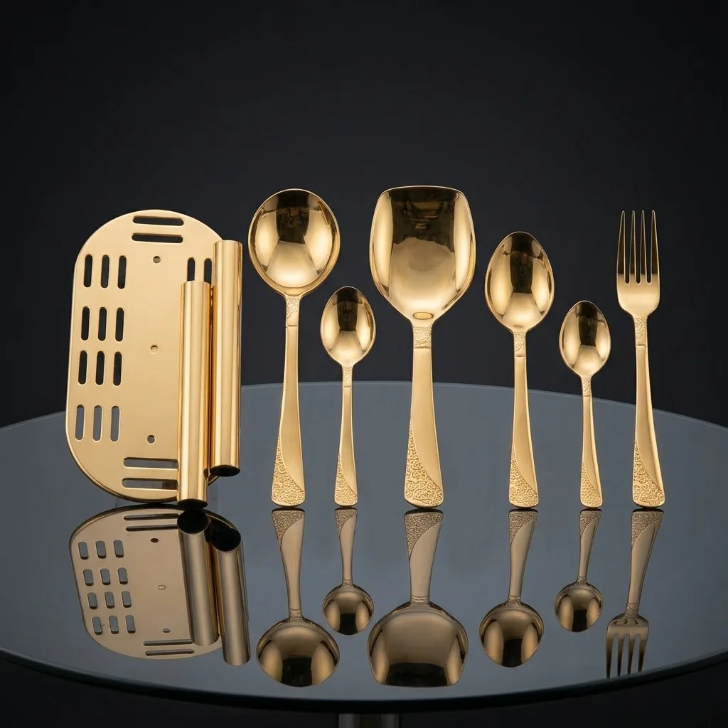 Golden Elegance 28-Piece Stainless Steel Cutlery Set with Stand – Rust-Resistant Gold-Finish Spoon & Fork Set for Dining & Gifting in Golden