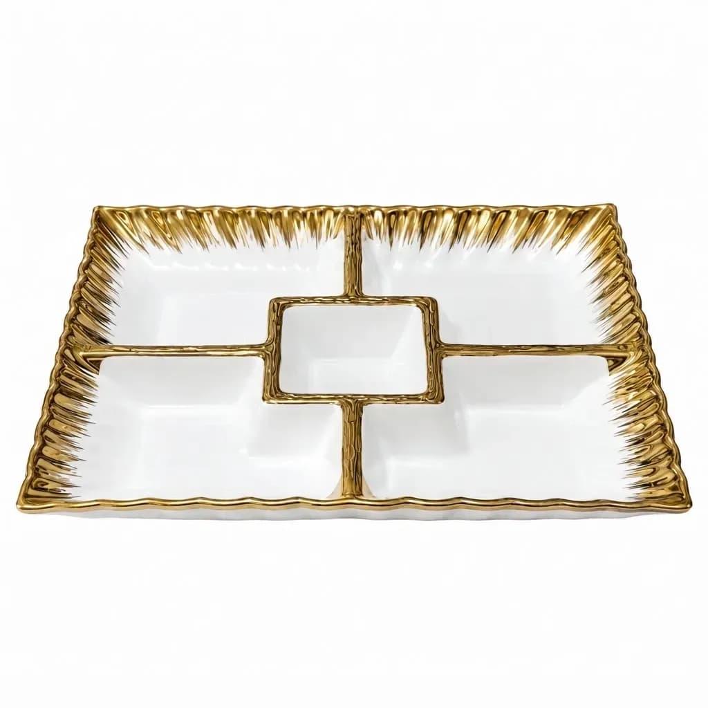Luxury Bone China 5-Section Divided Dry Fruit Serving Tray & Platter with Gold Geometric Rim in Australium Gold